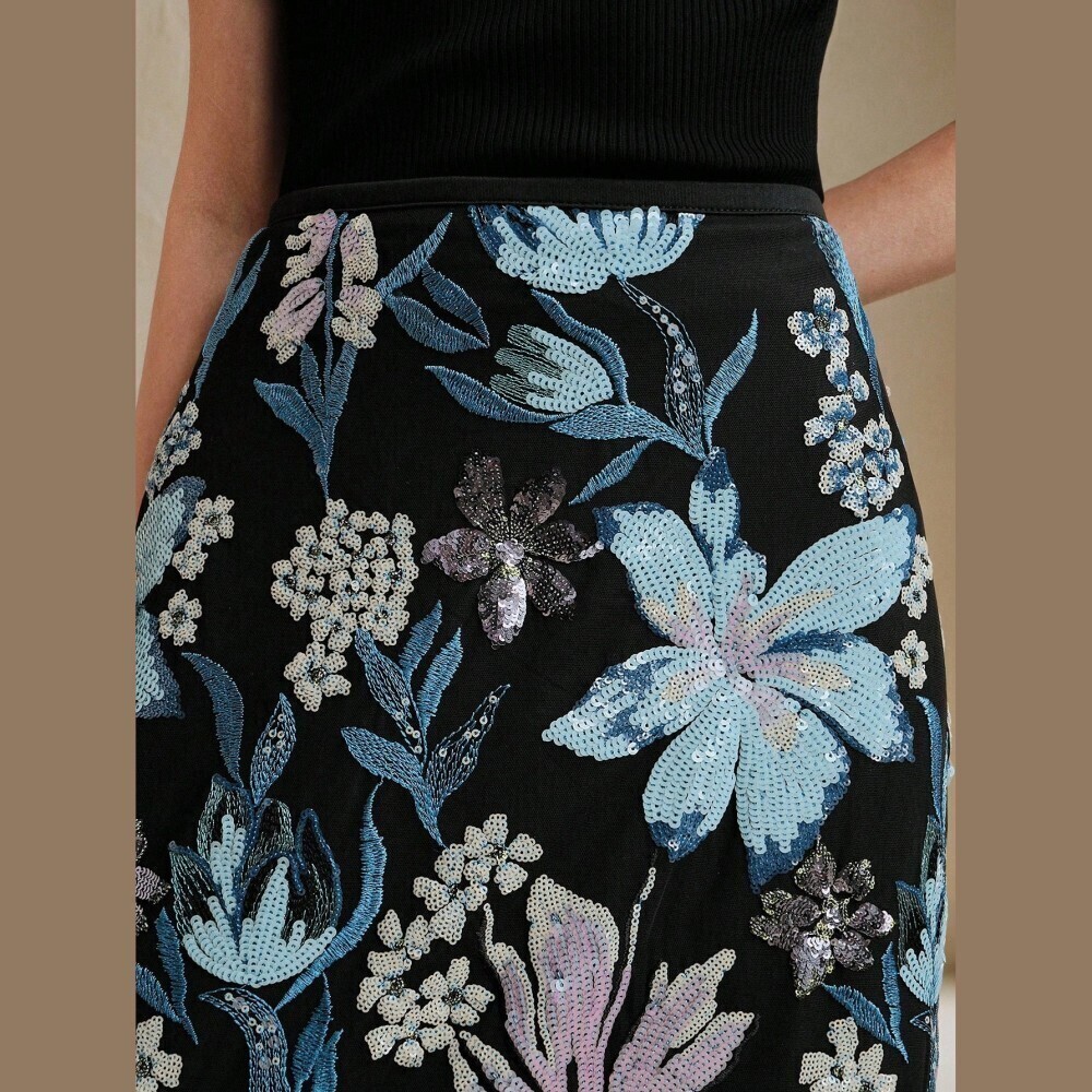 Black Sparkle Blue Floral Patterned Mesh Overlay Maxi Skirt